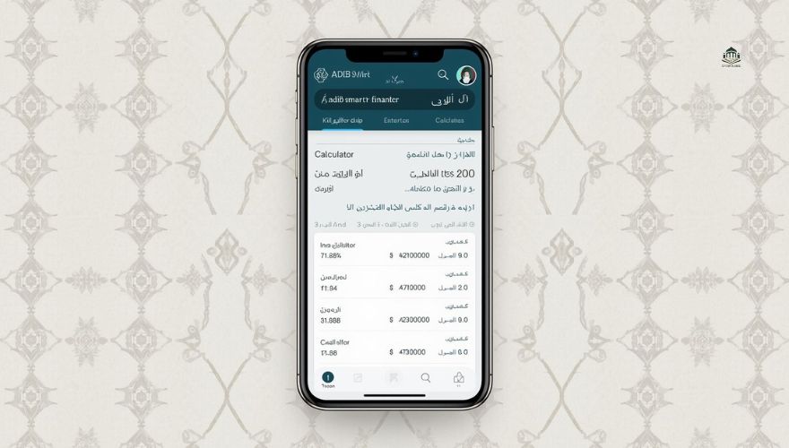 Mobile user checking ADIB loan calculator and repayment schedule using Smart Finance App
