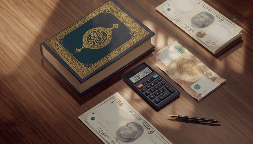 Concept image showing halal Islamic finance with Quran, dirhams, and calculator