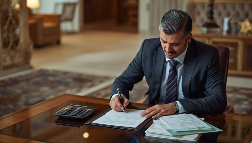 Businessman signing Murabaha financing contract under Sharia-compliant loan structure in UAE