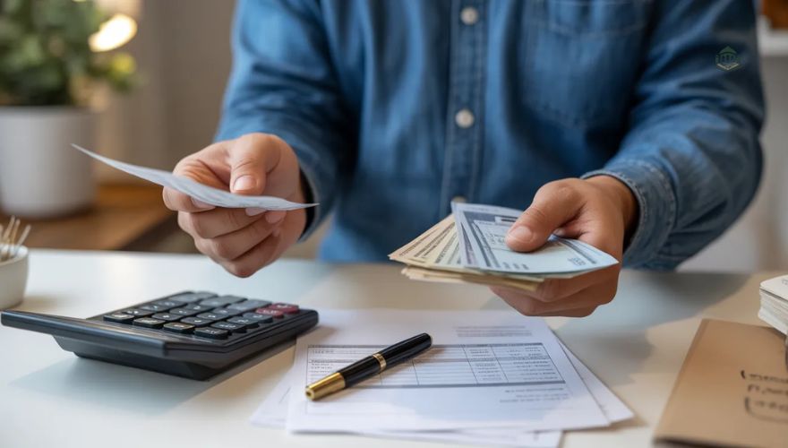 Small business owner calculating finances with SME loan documents