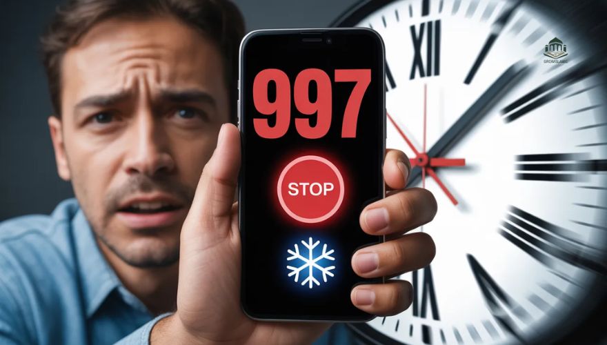 Distressed person with smartphone, 997 hotline, and stop icon, symbolizing immediate action for compromised eBanker account.