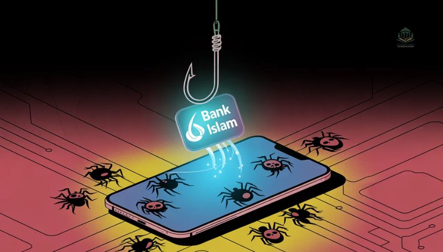 Phishing hook with fake Bank Islam logo over a phone, representing malware and phishing email threats.