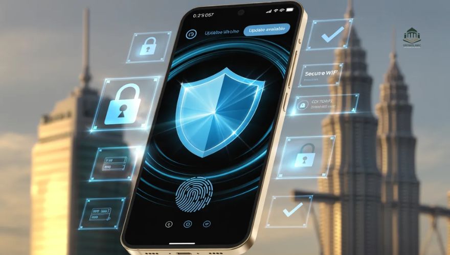 Smartphone with security shield, fingerprint icon, and update notification, showing secured device for eBanker.