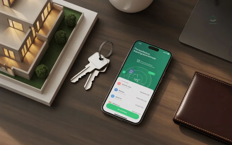 A smartphone showing a mortgage application app next to house keys and a house model.
