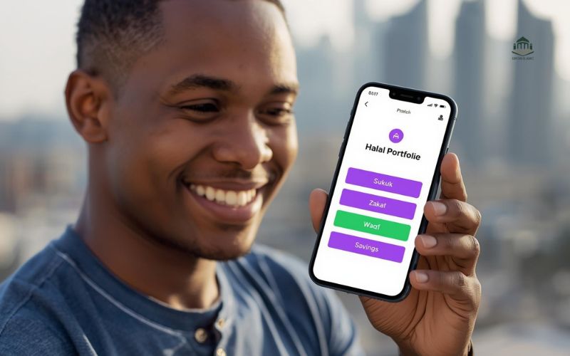 A Nigerian man using a mobile app for shariah-compliant finance and digital ethical investing.