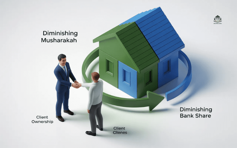 Infographic explaining the Diminishing Musharakah model for Islamic home financing in Nigeria.