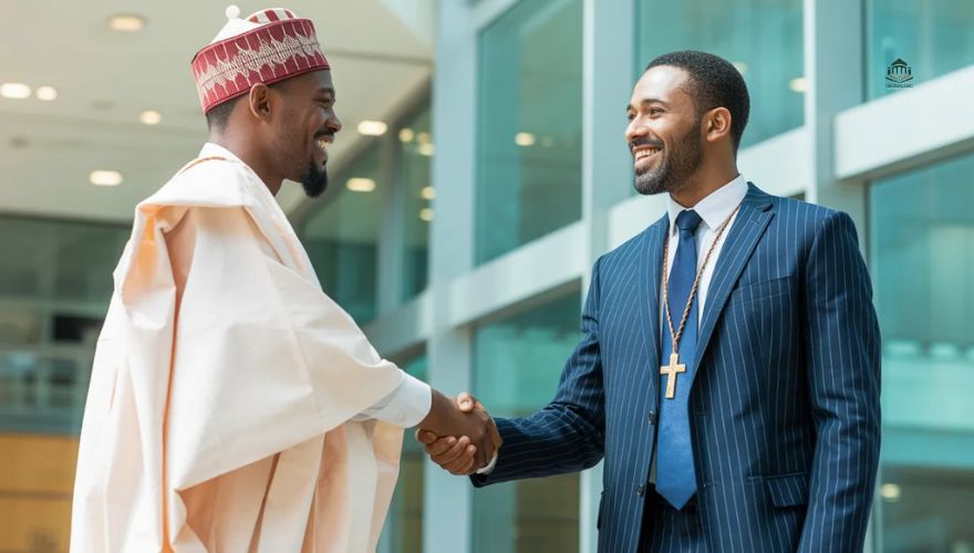 A diverse group of Nigerians—Christian and Muslim—shaking hands in a bank.
