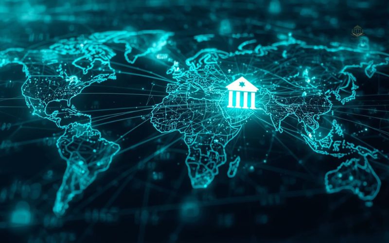 A digital globe showing light lines connecting the USA to the rest of the world for halal banking for expats.