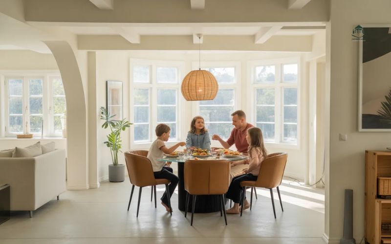 A family sharing a meal in a bright, modern dining room.