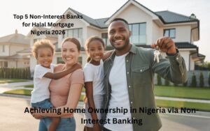 A happy Nigerian family standing in front of their new home acquired through a Halal mortgage in 2026.