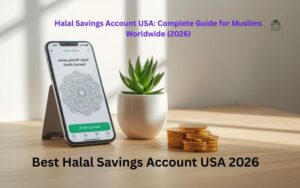 A modern smartphone displaying a digital halal savings account USA app next to a gold coin and a small green plant.