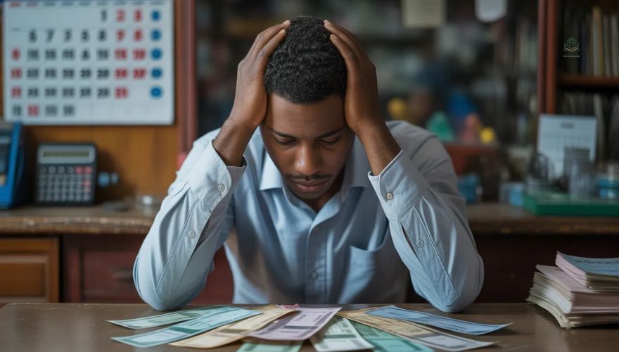 A stressed Nigerian man looking at a mountain of bank statements and a "30%" sign.
