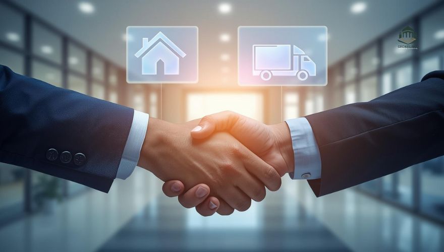 Two business professionals shaking hands in front of a modern bank building in Abuja.