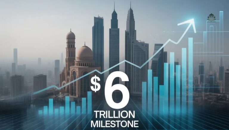 Global cityscape with "6 Trillion Milestone" graphic, symbolizing the growth of Islamic finance.