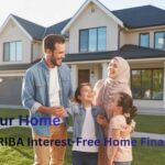 A happy American Muslim family standing in front of their new modern suburban home.