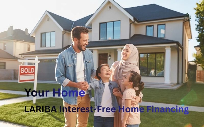 A happy American Muslim family standing in front of their new modern suburban home.