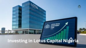 Professional view of Lotus Capital headquarters in Lagos featuring a digital investment dashboard for 2026.