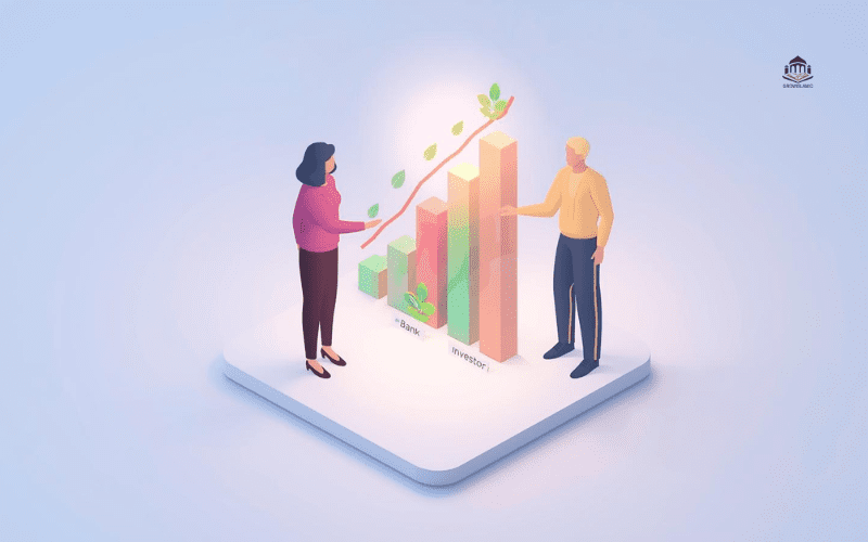 A 3D infographic showing the Mudarabah agreement where profits are split between a bank and a customer.