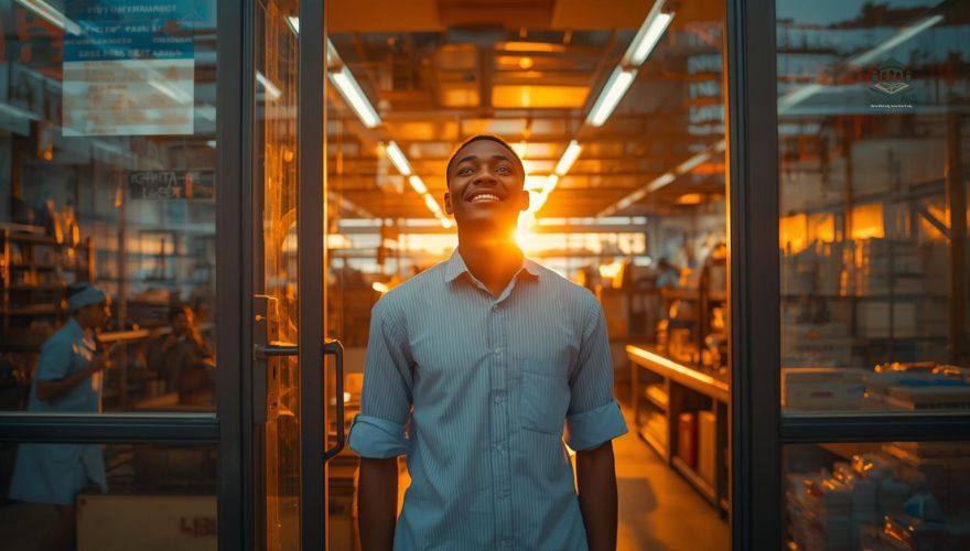 A successful Nigerian entrepreneur standing proudly in front of their newly expanded business, looking toward the horizon.