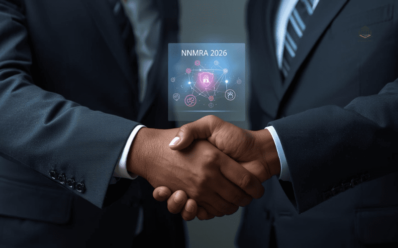 Two bankers shaking hands over a digital contract representing the NNMRA for non-interest banking Nigeria.