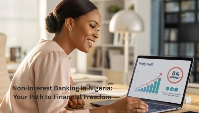 A happy Nigerian business owner holding a tablet showing a 0% interest graph.