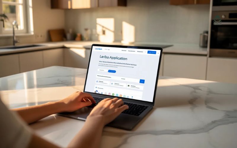 A person using a laptop to fill out an online application for home financing.