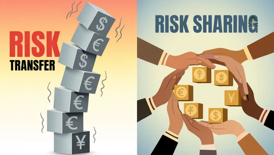 Infographic comparing risk-transfer (unstable blocks) with risk-sharing (interconnected hands) in finance.