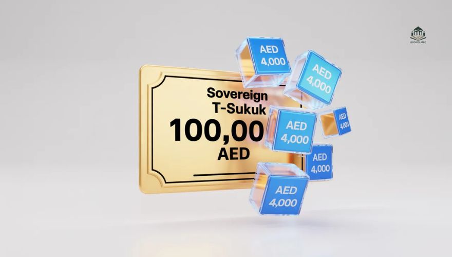 Infographic showing a large AED 100,000 bond breaking into smaller AED 4,000 units for retail investors.