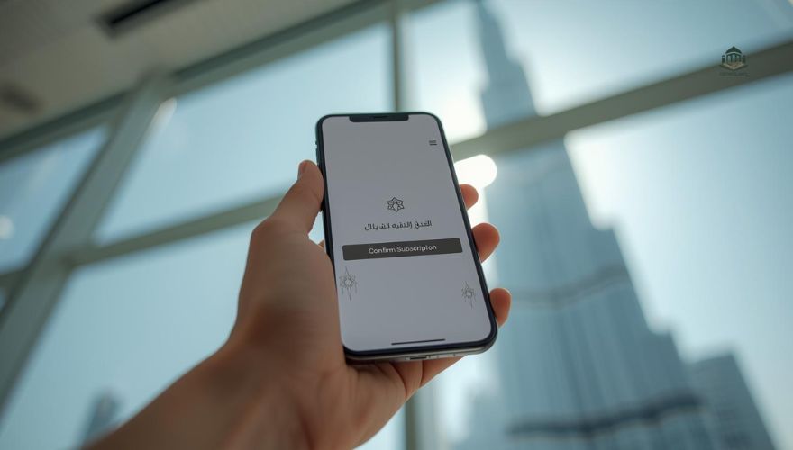 A person using a smartphone to invest in Sukuk via a modern UAE banking app interface.