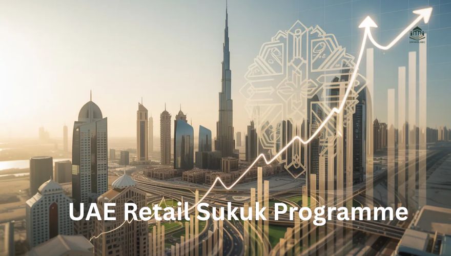 A high-end digital representation of the UAE flag and the Ministry of Finance logo on a futuristic financial interface.