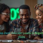 A group of diverse Nigerian entrepreneurs and students smiling, holding a tablet showing a 0% interest loan approval screen.