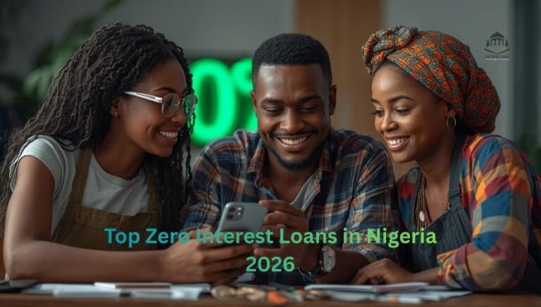 A group of diverse Nigerian entrepreneurs and students smiling, holding a tablet showing a 0% interest loan approval screen.